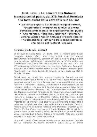 Jordi Savall y Le Concert des Nations transportan al público del 37º Festival Perelada a la corte de los reyes Luises