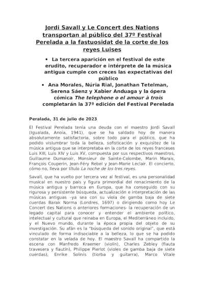 Jordi Savall y Le Concert des Nations transportan al público del 37º Festival Perelada a la corte de los reyes Luises
