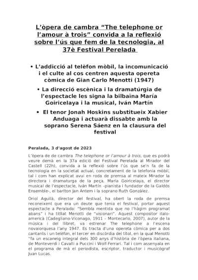 La ópera de cámara “The telephone or l’amour à trois” en el 37º Festival Perelada La ópera de cámara “The telephone or l’amour à trois” en el 37º Festival Perelada