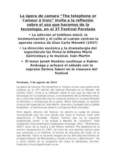 La ópera de cámara “The telephone or l’amour à trois” en el 37º Festival Perelada La ópera de cámara “The telephone or l’amour à trois” en el 37º Festival Perelada