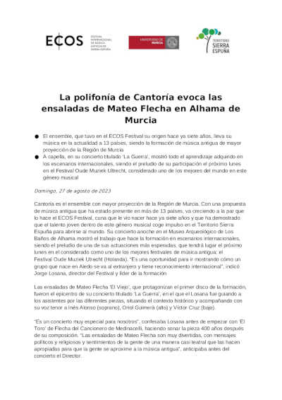 La polifonía de Cantoría evoca las ensaladas de Mateo Flecha en Alhama de Murcia