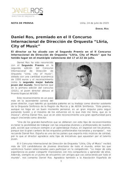 Daniel Ros, premiado en el II Concurso Internacional de Dirección de Orquesta “Llíria, City of Music”