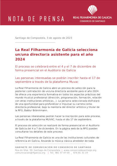 La Real Filharmonía de Galicia selecciona un/una director/a asistente para el año 2024
