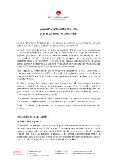 La Real Filharmonía de Galicia selecciona un/una director/a asistente para el año 2024