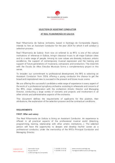 La Real Filharmonía de Galicia selecciona un/una director/a asistente para el año 2024