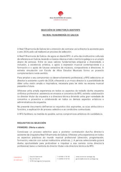 La Real Filharmonía de Galicia selecciona un/una director/a asistente para el año 2024