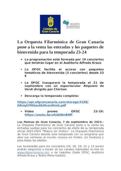 La Orquesta Filarmónica de Gran Canaria pone a la venta entradas y paquetes de bienvenida para la temporada 23-24
