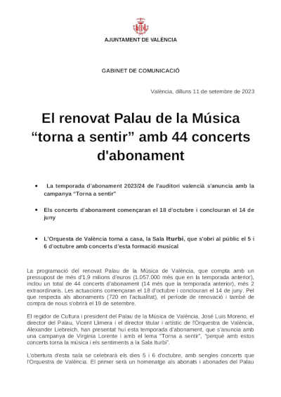 El renovado Palau de la Música “torna a sentir” con 44 conciertos de abono