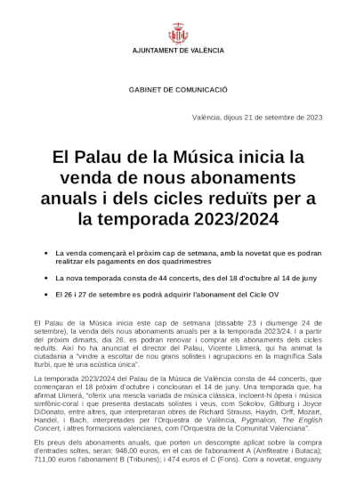El Palau de la Música inicia la venta de nuevos abonos anuales y de ciclos reducidos para la temporada 2023/2024