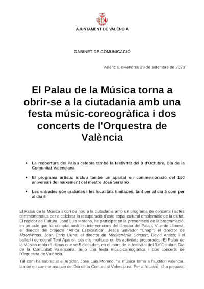 El Palau de la Música vuelve a abrir con fiesta músico-coreográfica y dos conciertos de la Orquesta de València