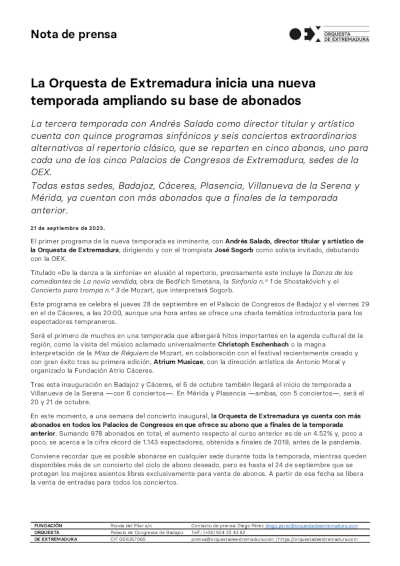 La Orquesta de Extremadura inicia una nueva temporada ampliando su base de abonados
