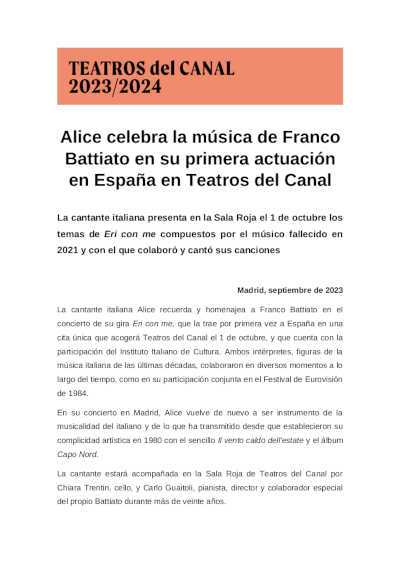 Alice celebra la música de Franco Battiato en su primera actuación en España en Teatros del Canal