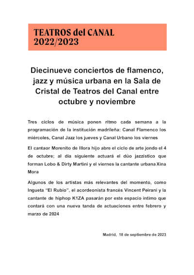 Diecinueve conciertos de flamenco,  jazz y música urbana en la Sala de  Cristal de Teatros del Canal