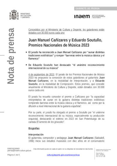 Juan Manuel Cañizares y Eduardo Soutullo, Premios Nacionales de Música 2023