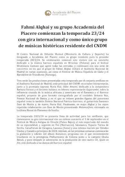 Fahmi Alqhai y su grupo Accademia del Piacere comienzan la temporada 23/24 del mejor modo posible
