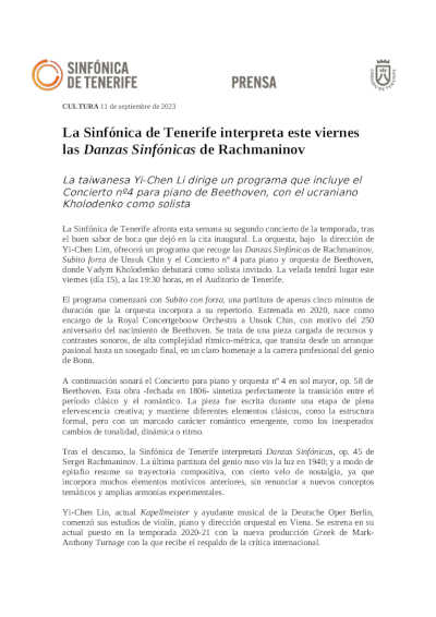 La Sinfónica de Tenerife interpreta este viernes  las Danzas Sinfónicas de Rachmaninov