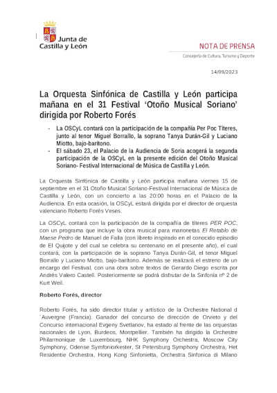La Orquesta Sinfónica de Castilla y León participa mañana en el 31 Festival «Otoño Musical Soriano»