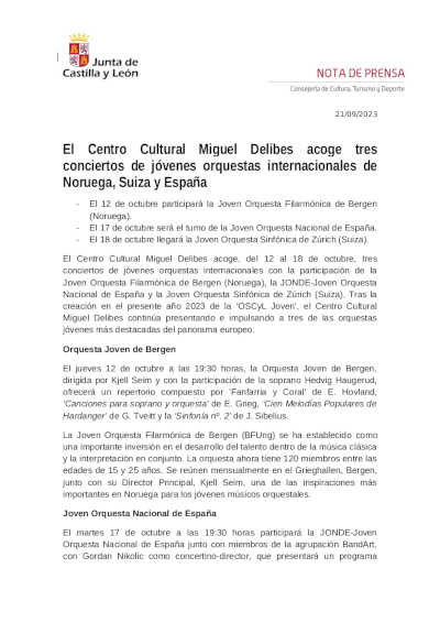 El Centro Cultural Miguel Delibes acoge tres conciertos de jóvenes orquestas internacionales de Noruega, Suiza y España