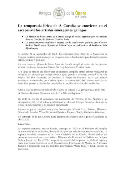 La temporada lírica de A Coruña se convierte en el escaparate los artistas emergentes gallegos