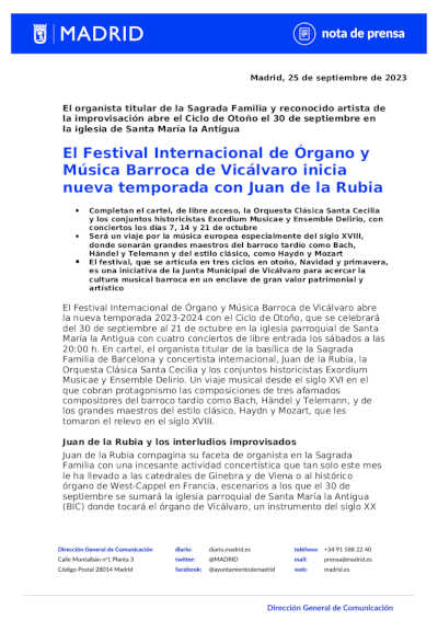 El Festival Internacional de Órgano y Música Barroca de Vicálvaro inicia nueva temporada con Juan de la Rubia