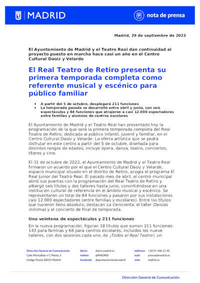 El Real Teatro de Retiro presenta su primera temporada completa como referente musical y escénico para público familiar