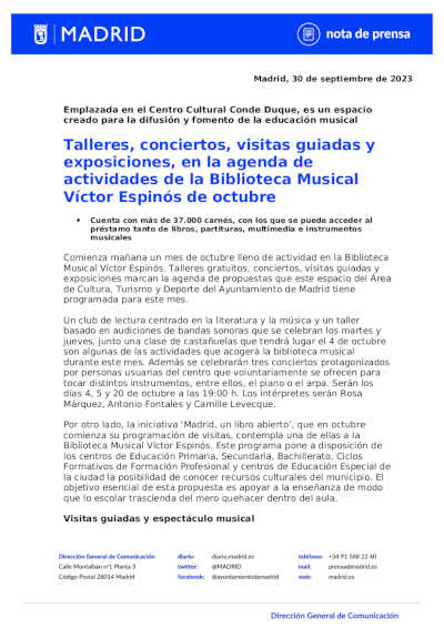 Talleres, conciertos, visitas guiadas y exposiciones, en la agenda de actividades de la Biblioteca Musical Víctor Espinós