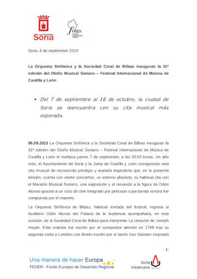 La Orquesta Sinfónica y la Sociedad Coral de Bilbao inauguran la 31ª edición del Otoño Musical Soriano La Orquesta Sinfónica y la Sociedad Coral de Bilbao inauguran la 31ª edición del Otoño Musical Soriano