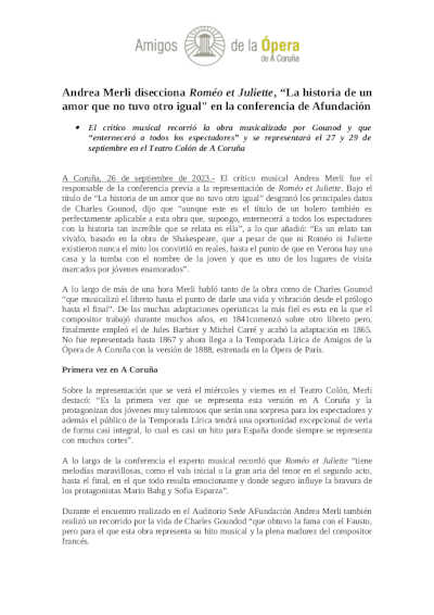 Andrea Merli disecciona Roméo et Juliette, “La historia de un amor que no tuvo otro igual»