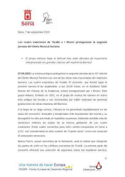 Las cuatro estaciones de Vivaldi e I Musici protagonizan la segunda jornada del Otoño Musical Soriano