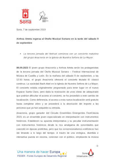 Ainhoa Arteta regresa al Otoño Musical Soriano en la tarde del sábado 9 de septiembre