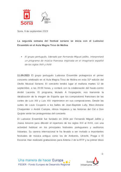 La segunda semana del Festival Otoño Musical Soriano se inicia con el Ludovice Ensemble
