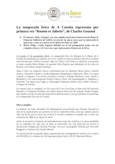 La temporada lírica de A Coruña representa por primera vez “Roméo et Juliette”, de Charles Gounod
