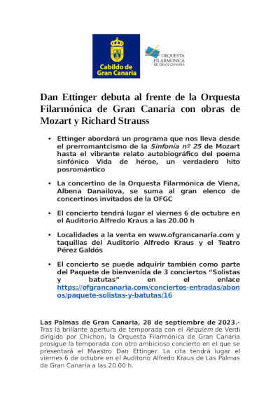 Dan Ettinger debuta al frente de la Orquesta Filarmónica de Gran Canaria con obras de Mozart y Richard Strauss Dan Ettinger debuta al frente de la Orquesta Filarmónica de Gran Canaria con obras de Mozart y Richard Strauss