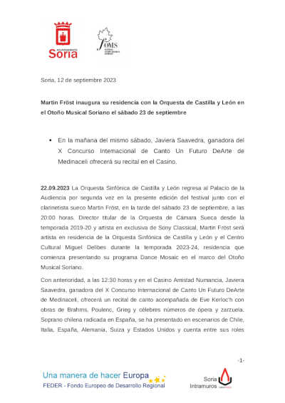 Martin Fröst inaugura su residencia con la Orquesta de Castilla y León en el Otoño Musical Soriano