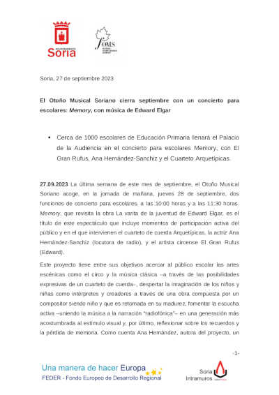 El Otoño Musical Soriano cierra septiembre con un concierto para escolares