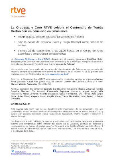 La Orquesta y Coro RTVE celebra el Centenario de Tomás Bretón con un concierto en Salamanca