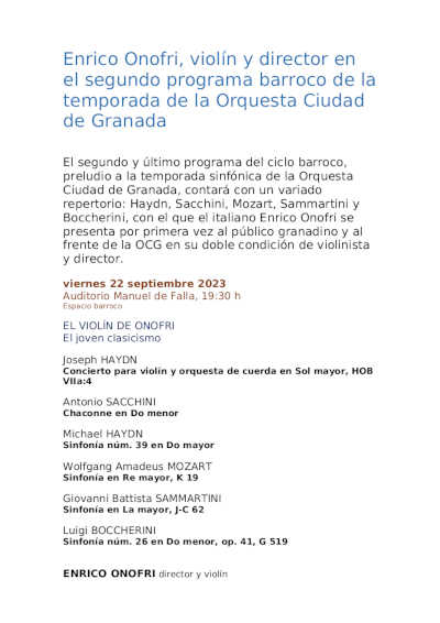 Enrico Onofri en el segundo programa barroco de la temporada de la Orquesta Ciudad de Granada