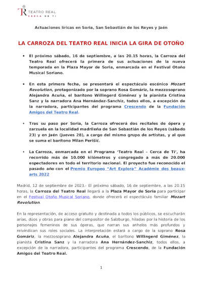 La Carroza del Teatro Real inicia la gira de otoño por Soria, San Sebastián de los Reyes y Jaén