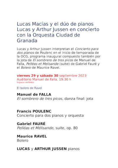 Lucas Macías y el dúo de pianos Lucas y Arthur Jussen en concierto con la Orquesta Ciudad de Granada