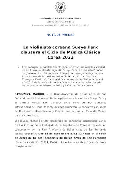 La violinista coreana Sueye Park clausura el Ciclo de Música Clásica Corea 2023