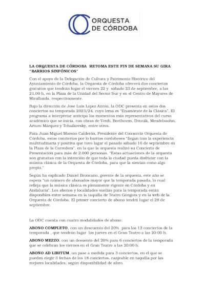 La Orquesta de Córdoba retoma este fin de semana su gira «Barrios Sinfónicos»