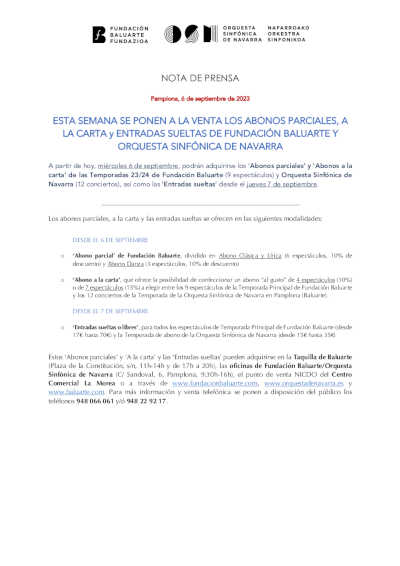 A la venta los abonos parciales, a la carta y entradas sueltas del Fundación Baluarte y OSN