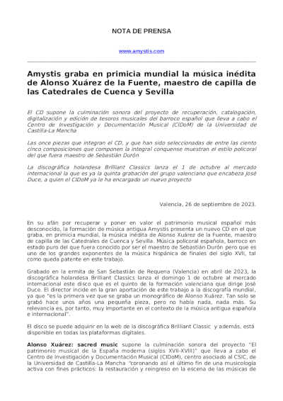Amystis graba en primicia mundial la música inédita de Alonso Xuárez de la Fuente