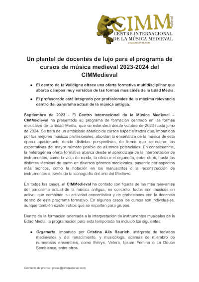 Un plantel de docentes de lujo para el programa de cursos de música medieval 2023-2024 del CIMMedieval