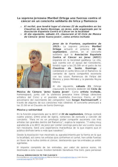 La soprano jerezana Maribel Ortega une fuerzas contra el cáncer en un concierto solidario de lírica y flamenco