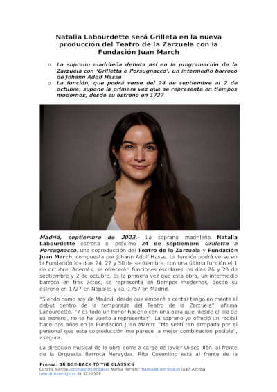 Natalia Labourdette será Grilleta en la nueva producción del Teatro de la Zarzuela con la Fundación Juan March