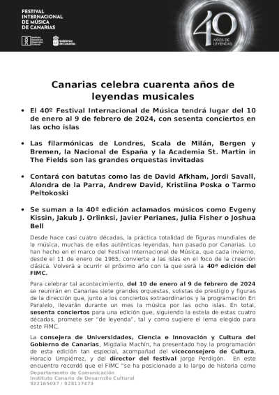 Canarias celebra cuarenta años de leyendas musicales con el 40º Festival Internacional de Música de Canarias