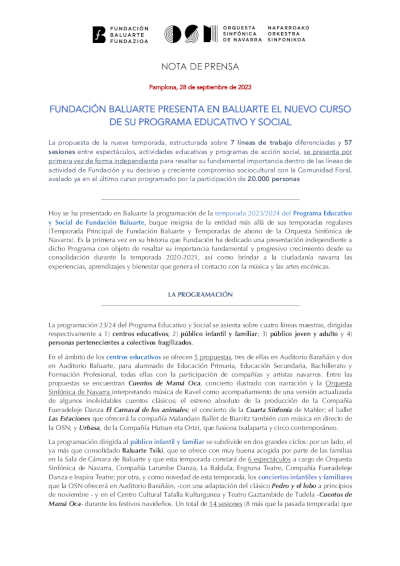 Fundación Baluarte presenta en Baluarte el nuevo curso de su programa educarivo y social