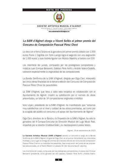 La SAM d’Alginet otorga a Vicent Sellés el primer premio del Concurso de Composición Pascual Pérez Choví La SAM d’Alginet otorga a Vicent Sellés el primer premio del Concurso de Composición Pascual Pérez Choví