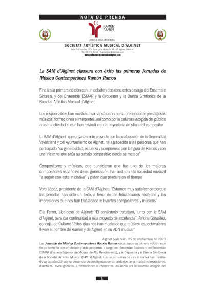 La SAM d’Alginet clausura con éxito las primeras Jornadas de Música Contemporánea Ramón Ramos